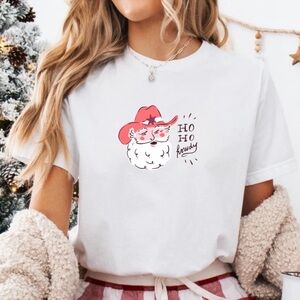 White T-Shirt with Santa Cowboy Graphic